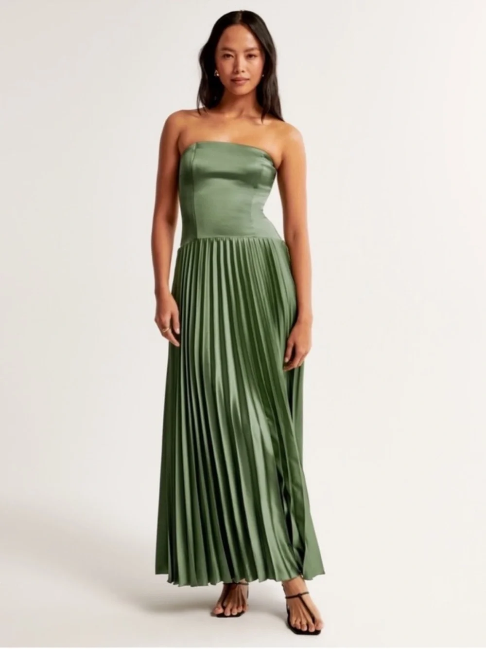 Abercrombie & Fitch Strapless Green Pleated Silk Maxi